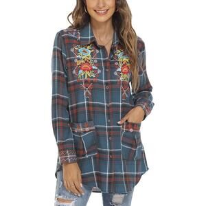 Womens Boho Western Plaid Cowgirl Embroidered Floral Long‎ Sleeve Tunic Blouse S